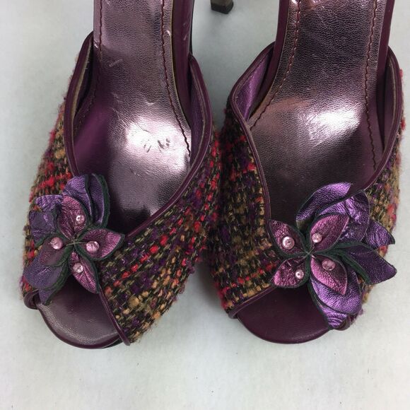 Steve Madden Tweed Heels Size 8 Womens Purple Peep Toe Fabric Flower Pumps - Picture 5 of 9